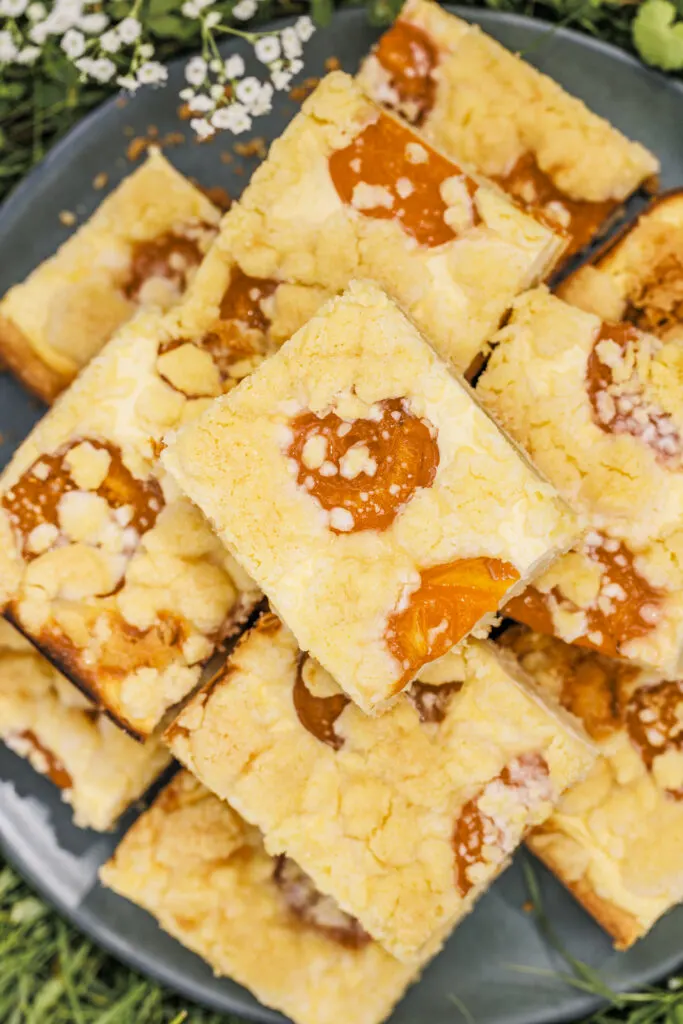 Aprikosenkuchen vom Blech mit Quarkcreme und Streuseln.